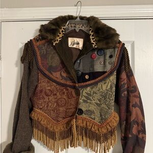 Multicolor Patchwork Jacket with Faux Fur Collar